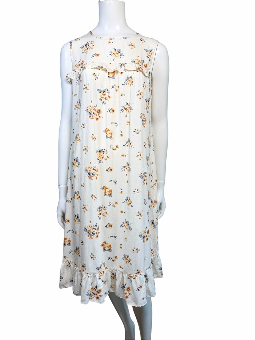 Medyla Floral Ruffle Midi Dress Cream Blue Cottagecore Romantic Medium - Picture 2 of 9